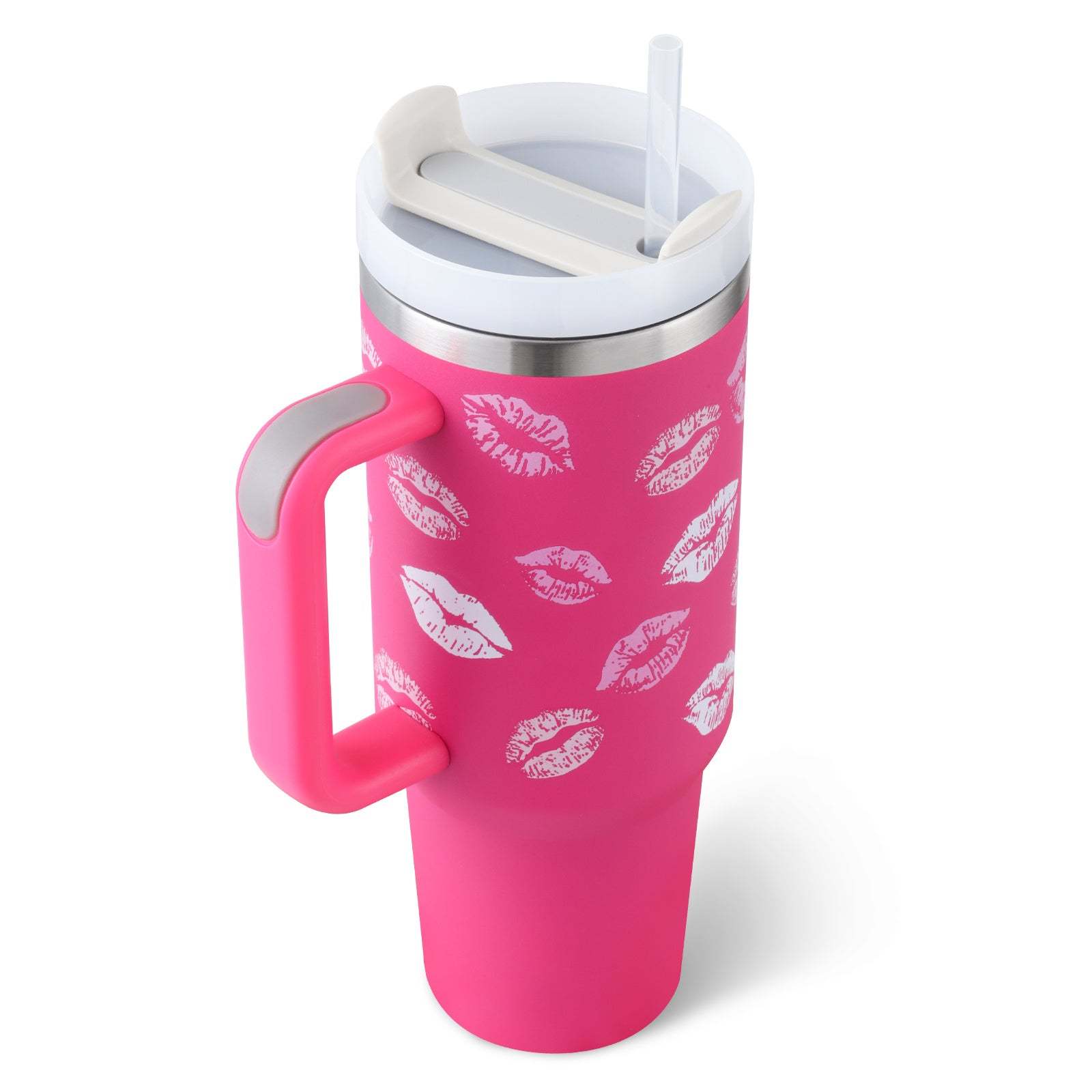 Pink 40oz insulated stainless steel tumbler with handle, spill-proof lid, straw, and white kiss print design for travel and daily use