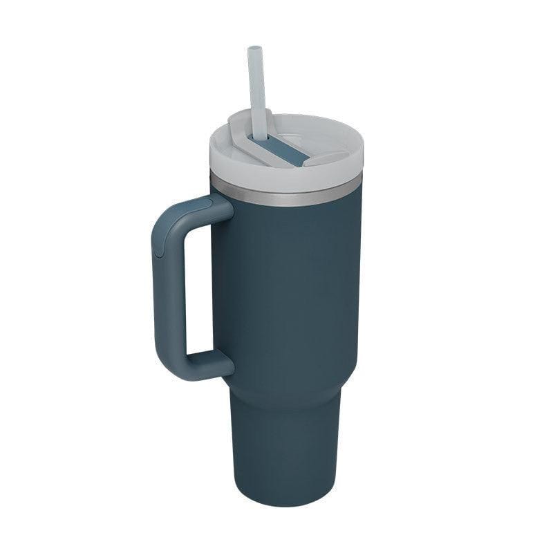 40oz insulated stainless steel tumbler with handle, lid, and straw, spill-proof vacuum coffee cup in dark blue for travel, gym, office use