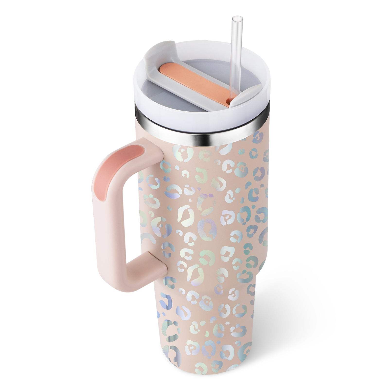 40oz insulated stainless steel tumbler with handle, spill-proof lid, straw, and leopard print design for hot and cold beverages.