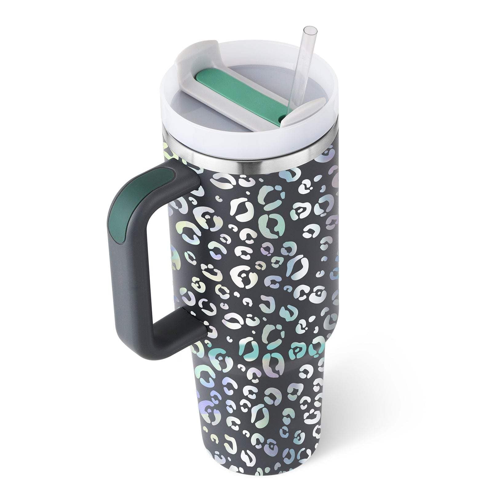 40oz insulated stainless steel tumbler with handle, spill-proof lid, straw, and colorful leopard print design for travel and office use