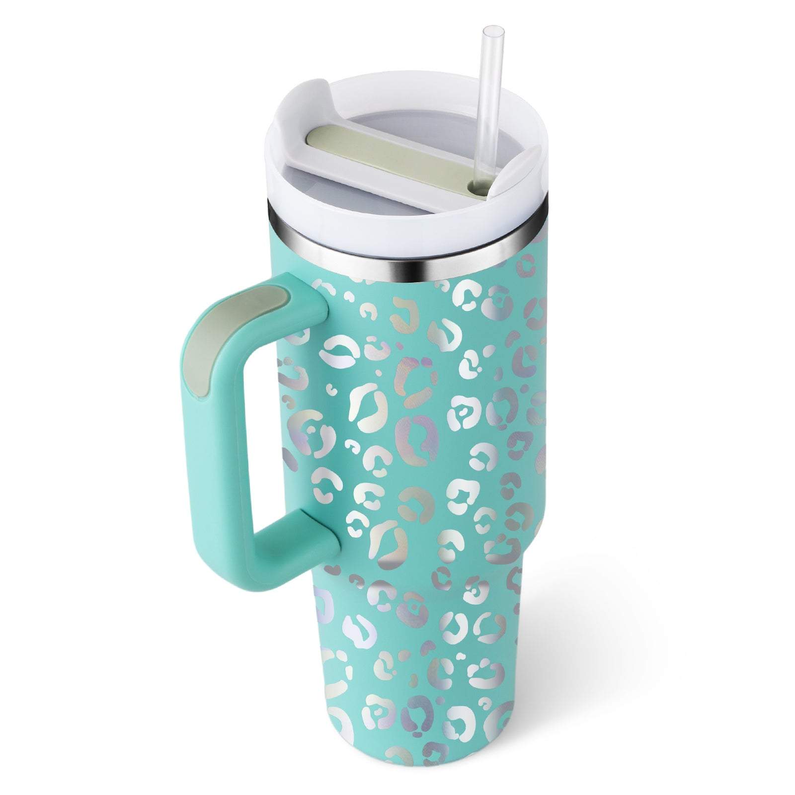 40oz insulated tumbler with handle, leopard print design, stainless steel spill-proof lid, and straw, suitable for travel and office use