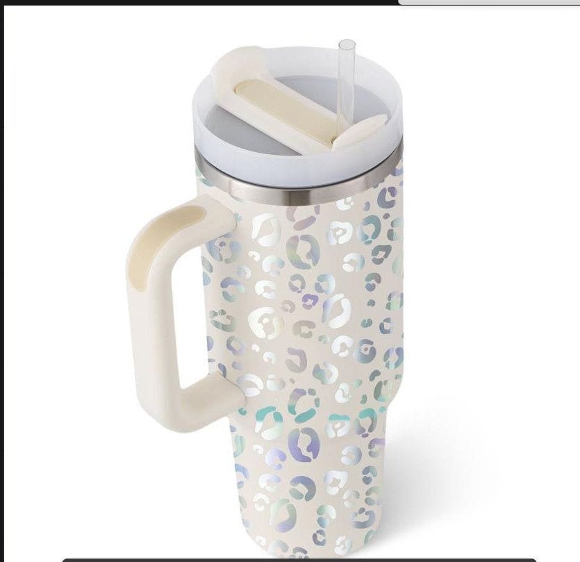 40oz insulated stainless steel tumbler with handle, spill-proof lid, straw, and iridescent leopard print design.