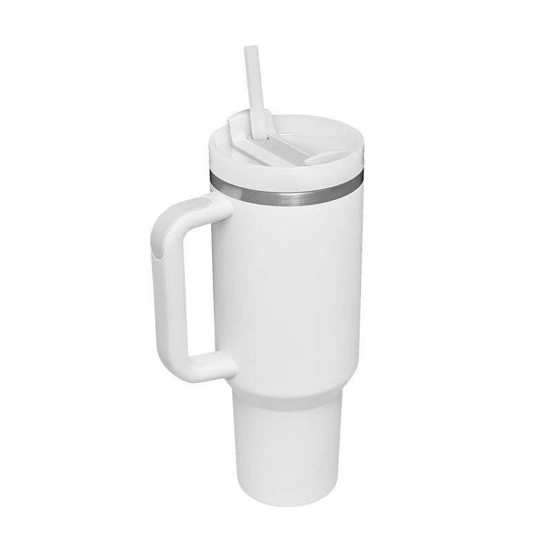 40oz insulated stainless steel tumbler with handle, spill-proof lid, and straw for hot and cold beverages.
