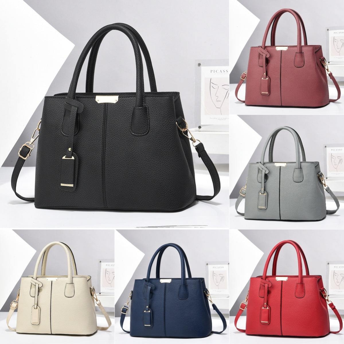 Collection of women PU leather handbags in various colors featuring large capacity, square shoulder tote design, and crossbody straps.