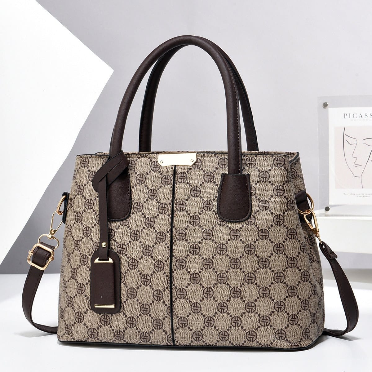Brown patterned PU leather women's handbag with large capacity and single shoulder strap