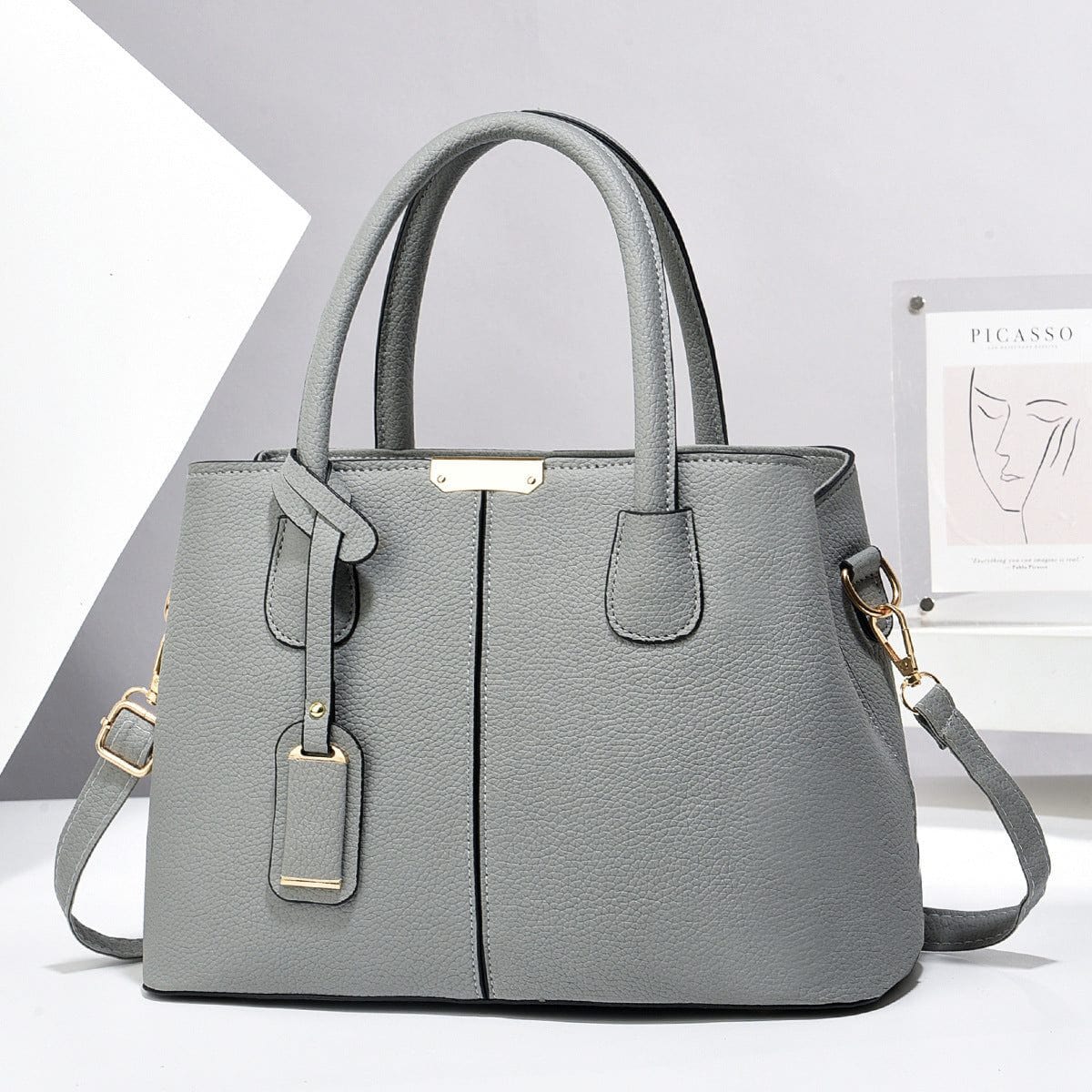 Grey women PU leather handbag with large capacity and single shoulder strap tote bag
