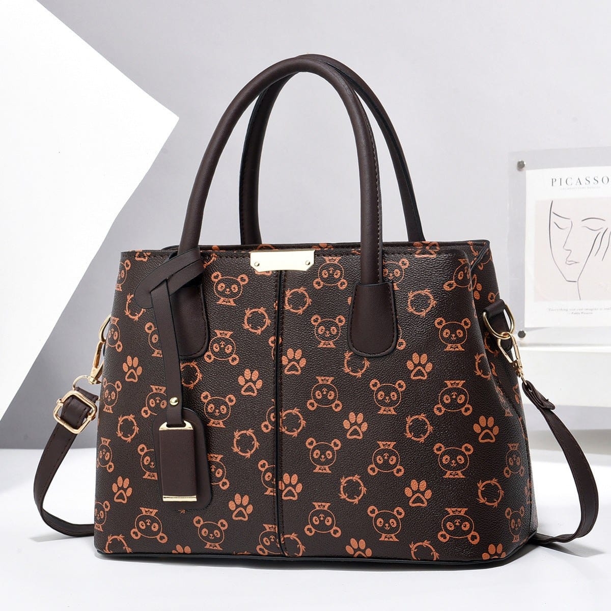 Women PU leather handbag with large capacity and panda pattern crossbody tote bag