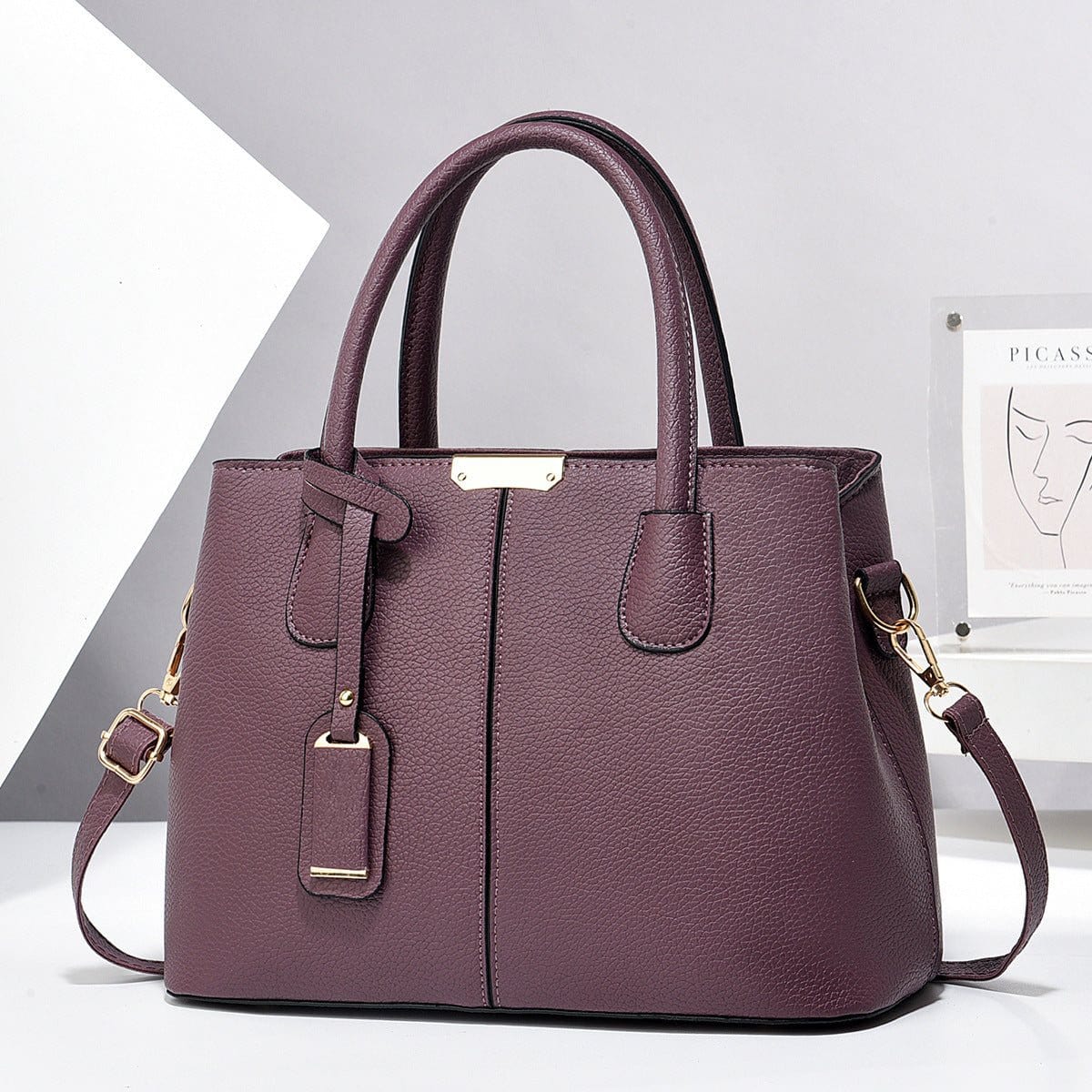 Purple women PU leather handbag with large capacity and single shoulder strap tote bag