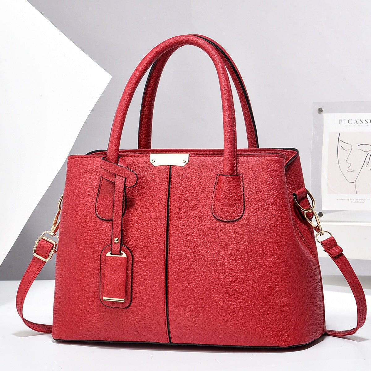 Red women PU leather handbag with large capacity, square shape, double handles and detachable shoulder strap