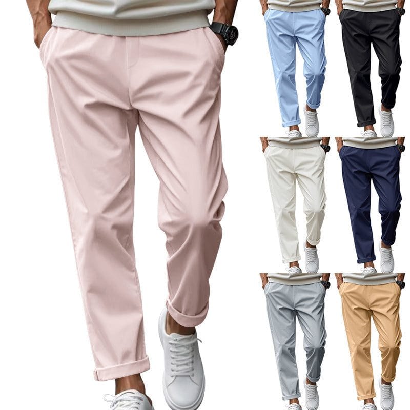 Men's casual loose fit trousers with pockets in various colors, made of quick-drying polyester fiber, featuring a mid-waist drawstring waist and straight leg design.