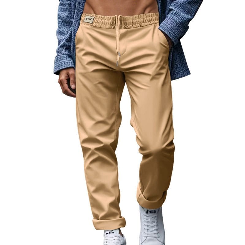 Men's casual loose beige trousers with pockets and drawstring waist, quick-drying polyester fabric