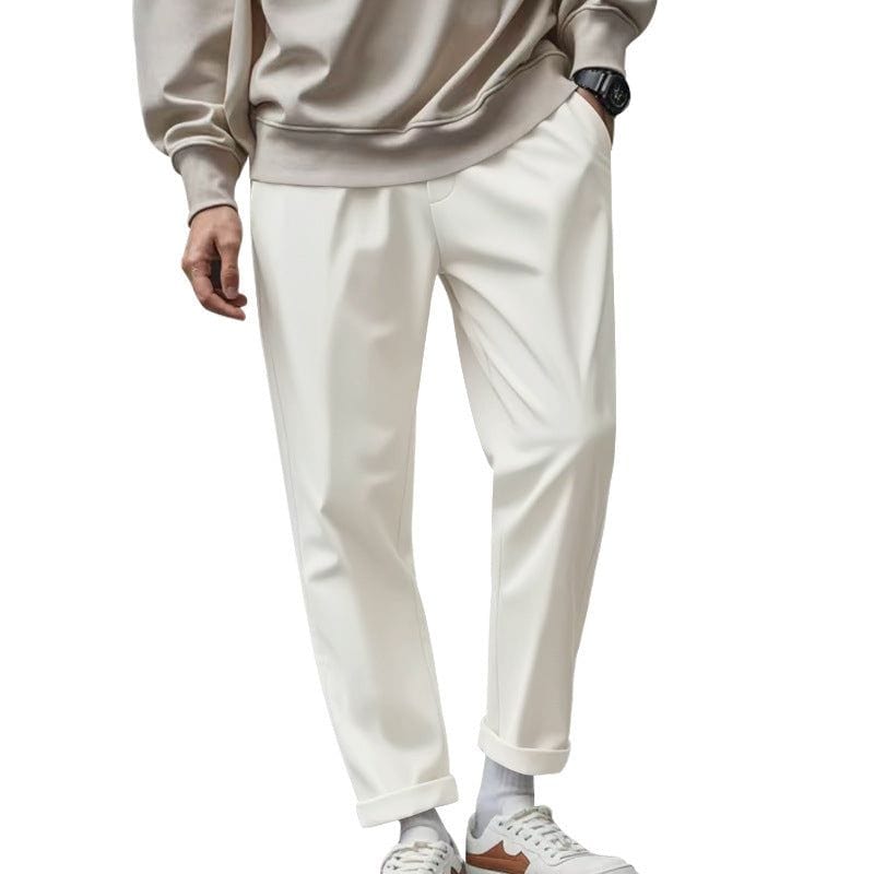 Men's casual loose fit cream trousers with pockets and waist-tie, quick-drying polyester fabric.