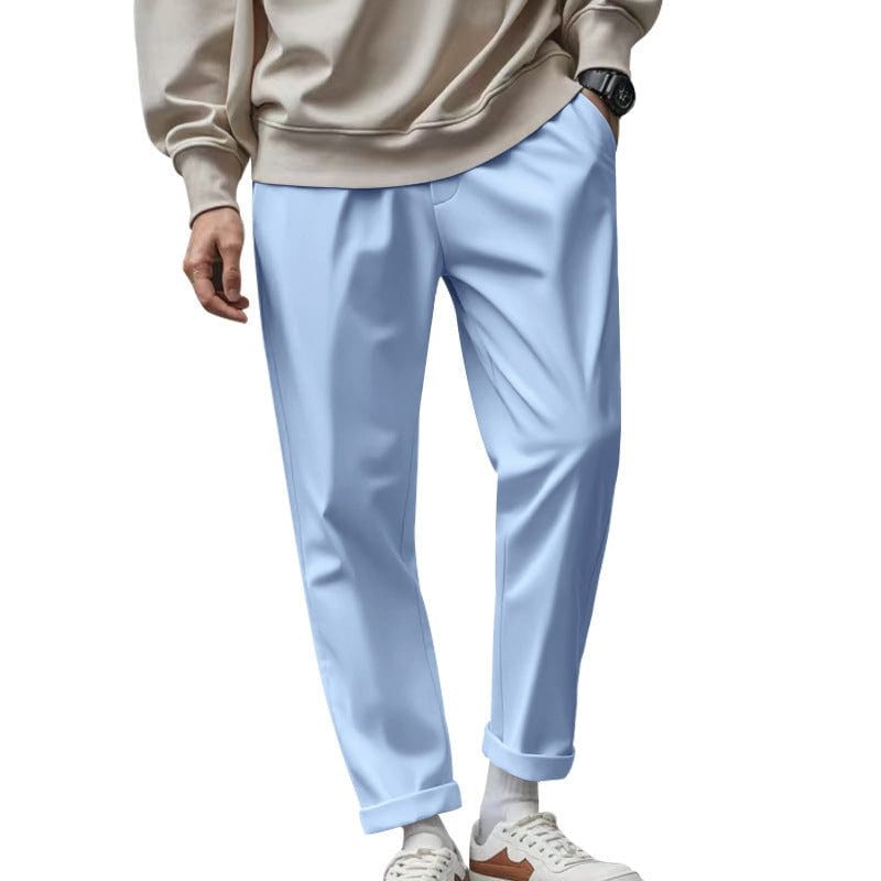 Light blue men's casual loose trousers with pockets, waist-tied, quick-drying, and comfortable fit