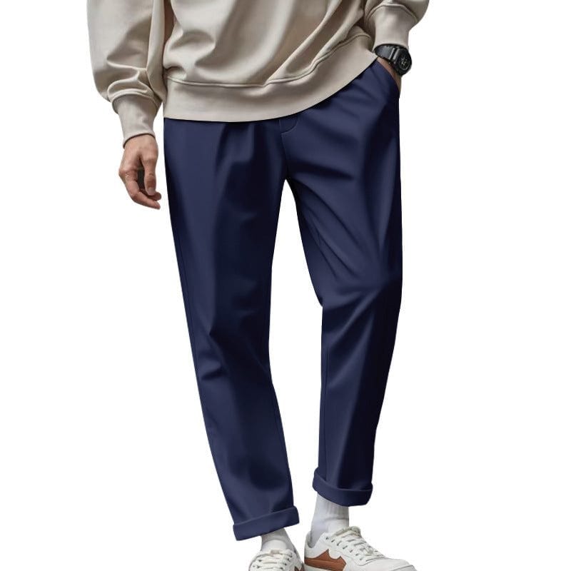 Men's casual loose navy blue trousers with pockets and waist-tied quick-drying design