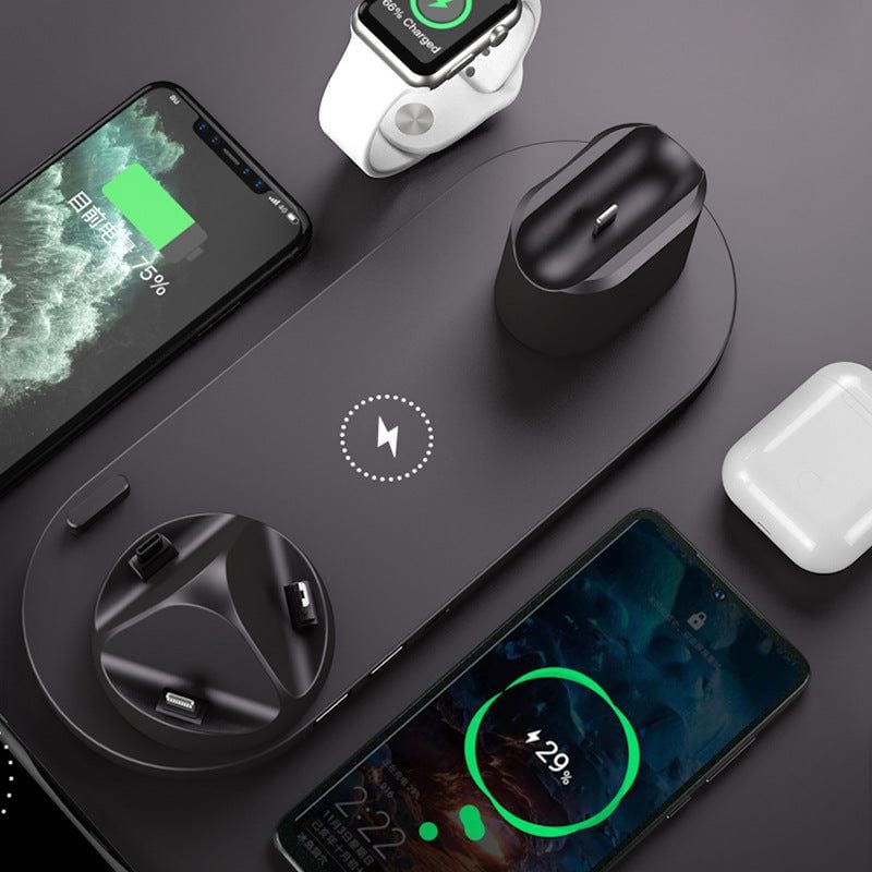 Wireless charger 6-in-1 charging dock station for iPhone, phone, and watch fast wireless charging pad with USB interface.