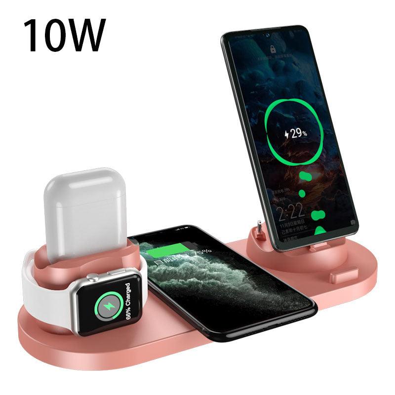 6-in-1 wireless charger docking station with fast charging pad for phones, watch, and earbuds in pink color