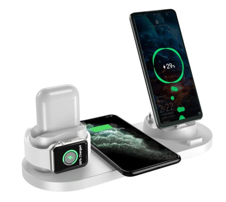 Wireless charger station charging iPhone, Apple Watch, and AirPods simultaneously with fast charging pad design