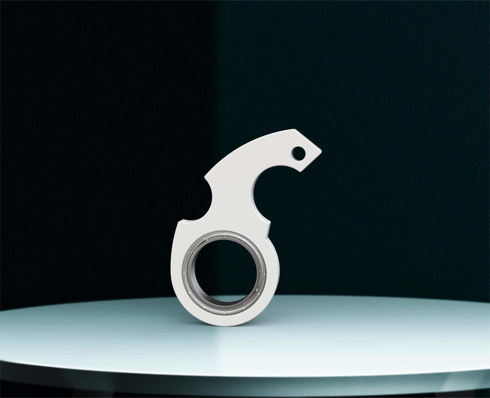 White creative fidget spinner toy keychain with bottle opener on black background