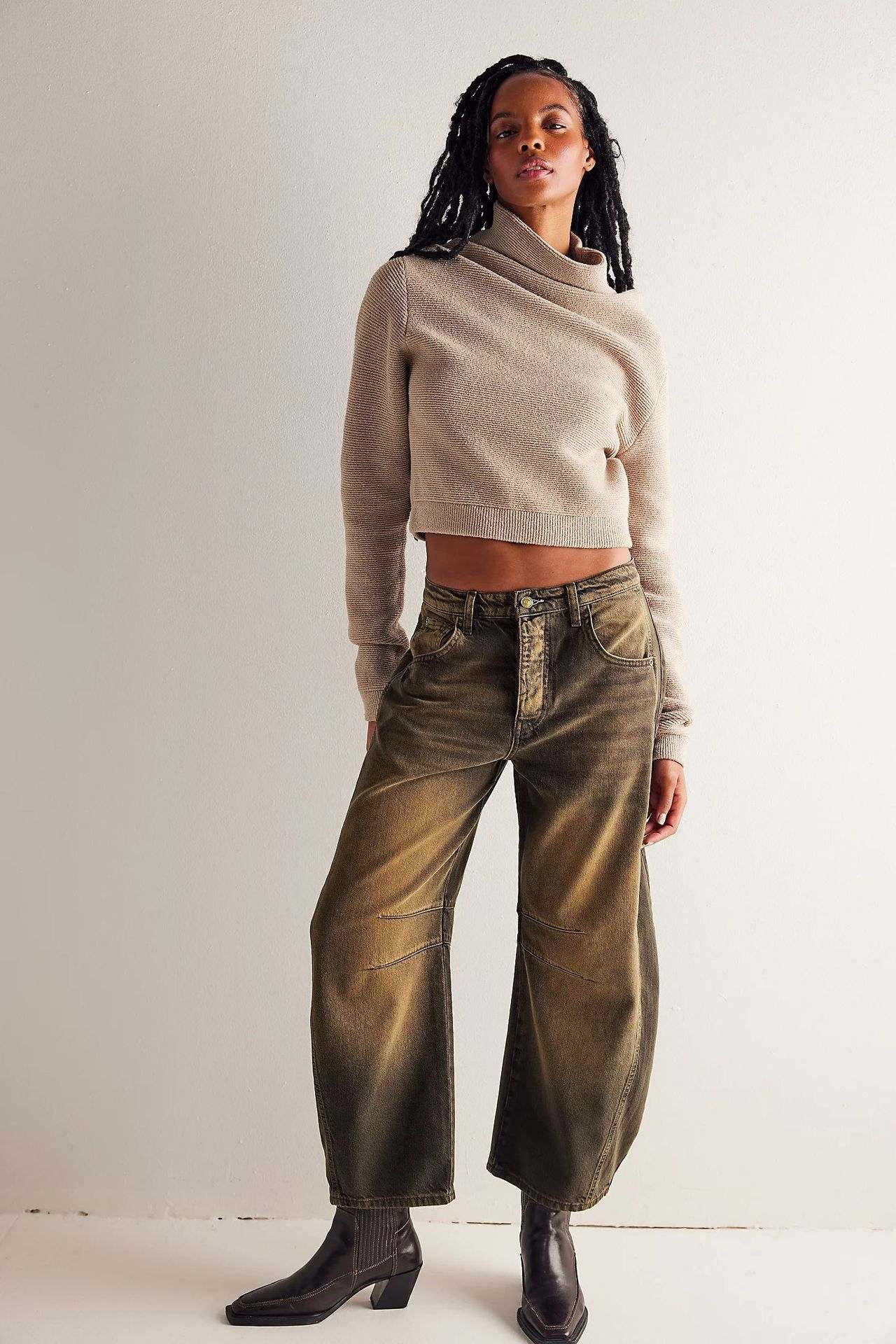 High stretch mid-rise wide leg baggy denim jeans for women in dark khaki color