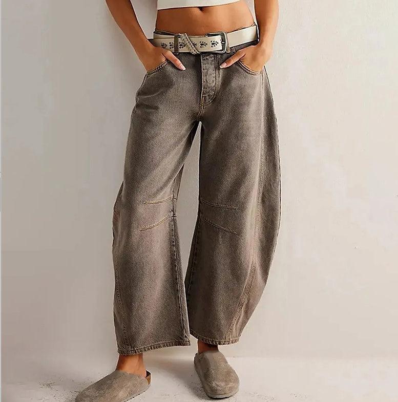 Women’s high stretch mid-rise wide leg denim jeans in dark khaki with a casual baggy fit