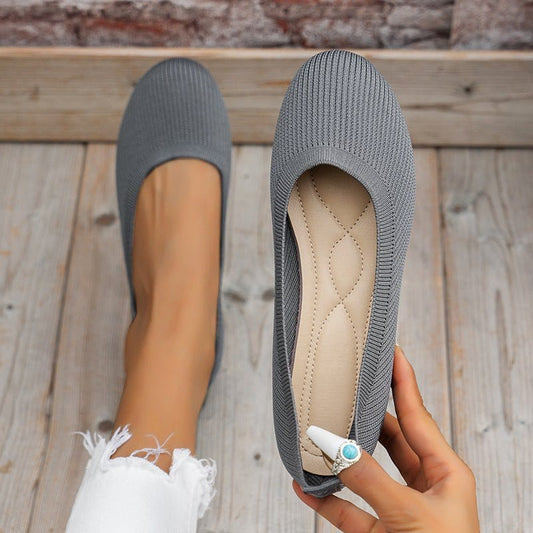 Gray round toe flats shoes for women with soft knit mesh upper and comfortable slip-on design