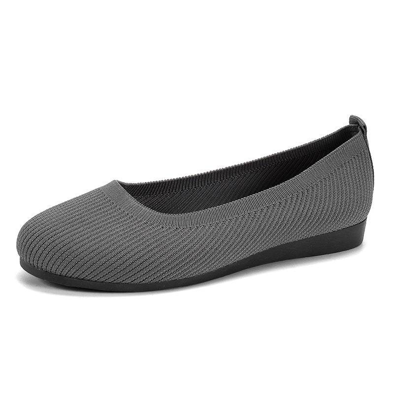 Gray round toe flats women's casual slip-on knit mesh shoes with low flat heel