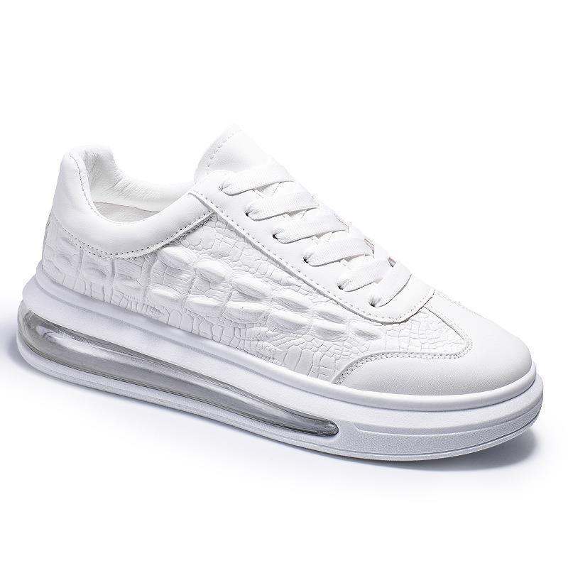 White trendy leather men's casual sneaker with rubber sole and air cushion design