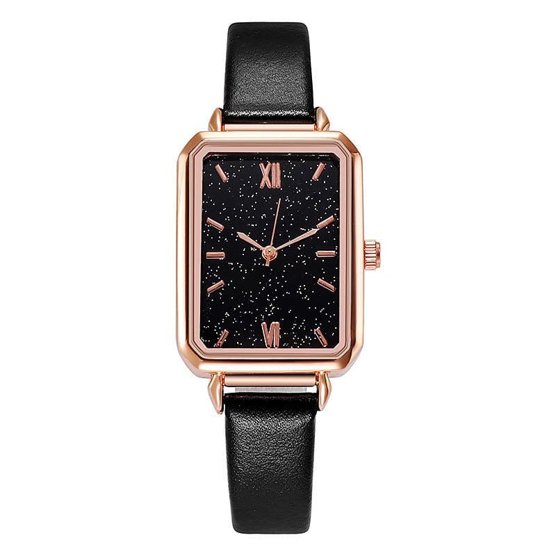 Retro green peacock themed rectangular black dial watch with black PU strap and rose gold case