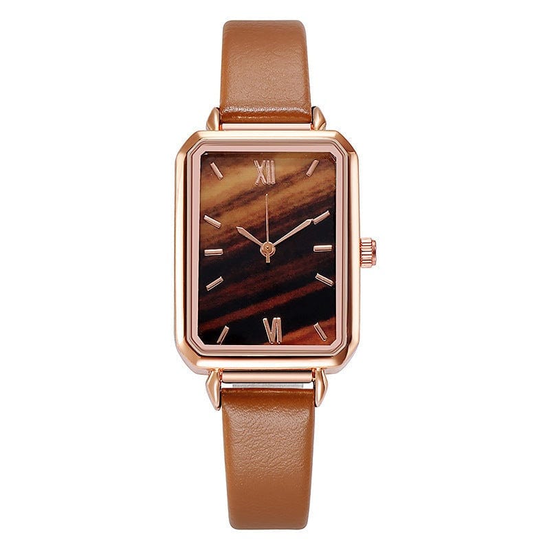 retro rectangular dial wristwatch with brown leather strap and wooden pattern face