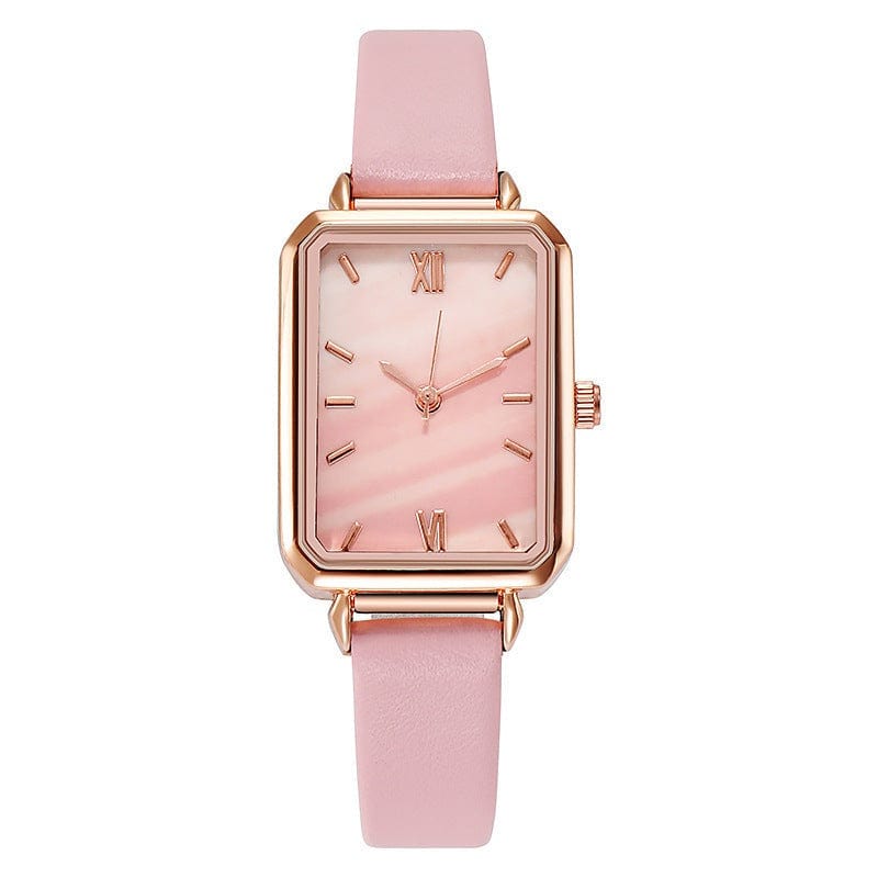 Retro rectangular dial fashion watch with pink strap and rose gold details