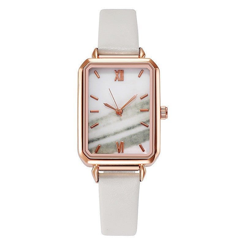 Retro green peacock pattern rectangular dial watch with white PU strap and rose gold case.