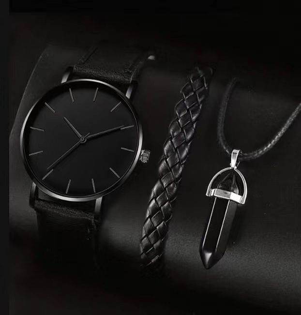 Black men's disc watch with round dial, imitation leather strap, and matching braided bracelet and black pendant necklace set