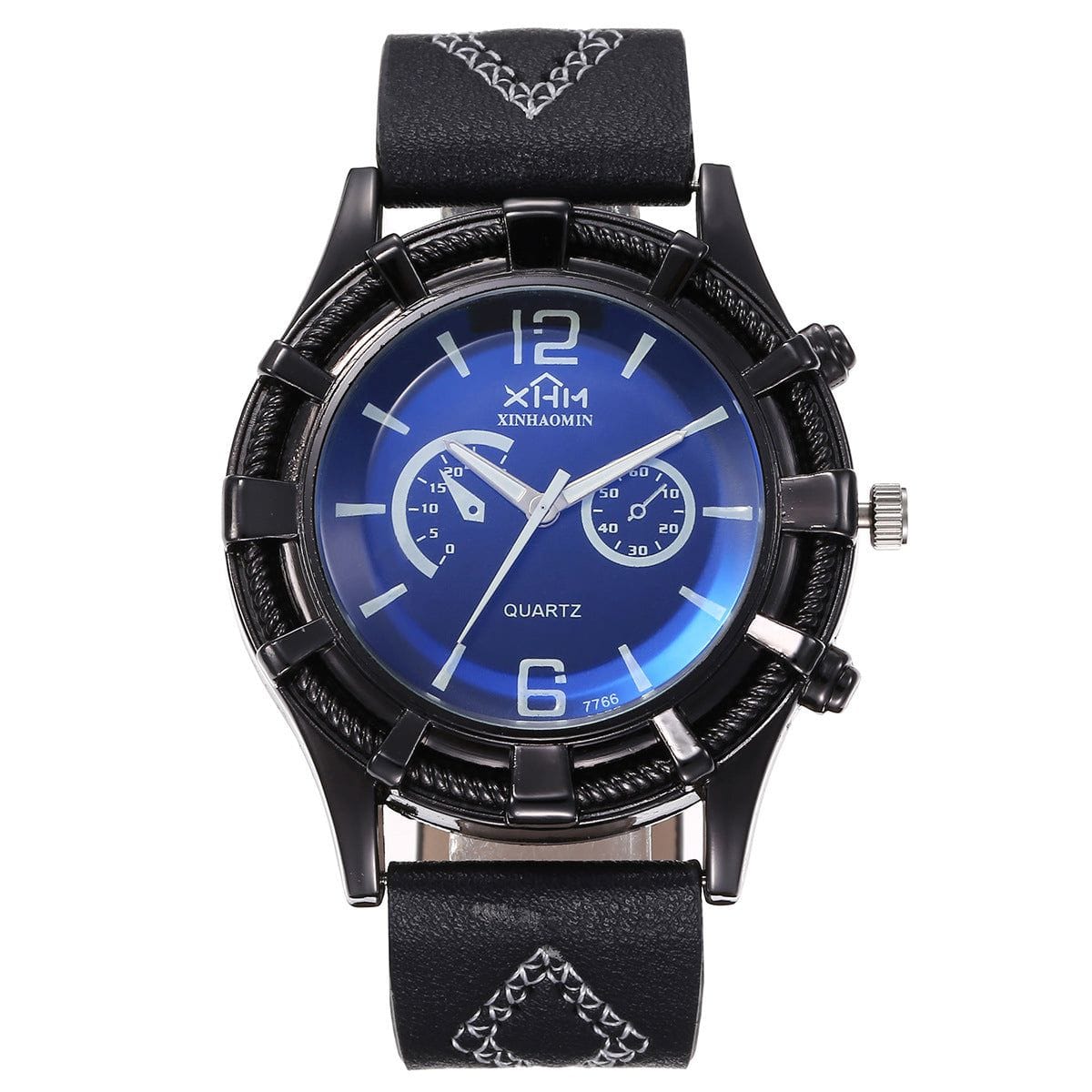 Men's black quartz watch with blue dial and leather strap, part of a fashion creative gift set including belt, tie, cufflinks, and wallet.