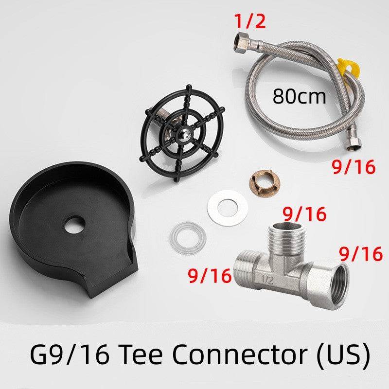 Bar counter cup washer parts including black drip tray, metal tee connector, hose, and fittings for high-pressure spray faucet installation