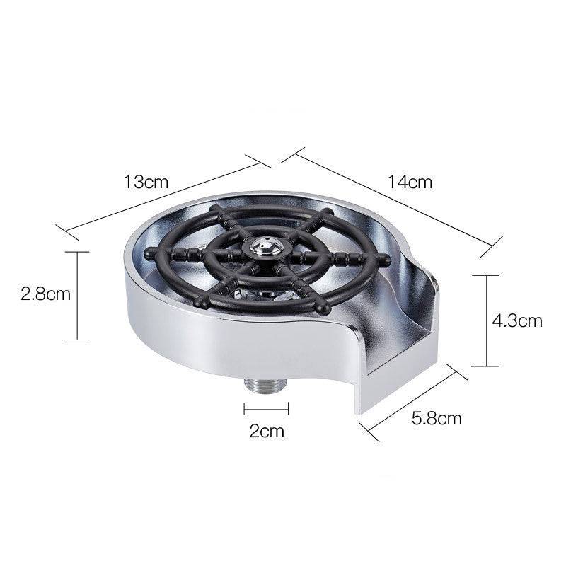 Bar counter cup washer with high-pressure spray, compact stainless steel design, and detailed dimensions.
