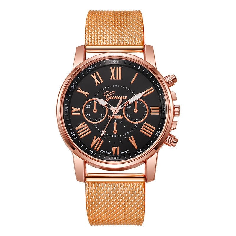 Women's Fashion Watch with Rose Gold Mesh Band and Black Roman Numeral Dial