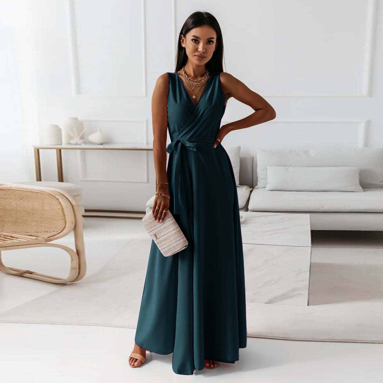 V-neck Sleeveless Dress Stylish Summer Party Maxi Dress for Women
