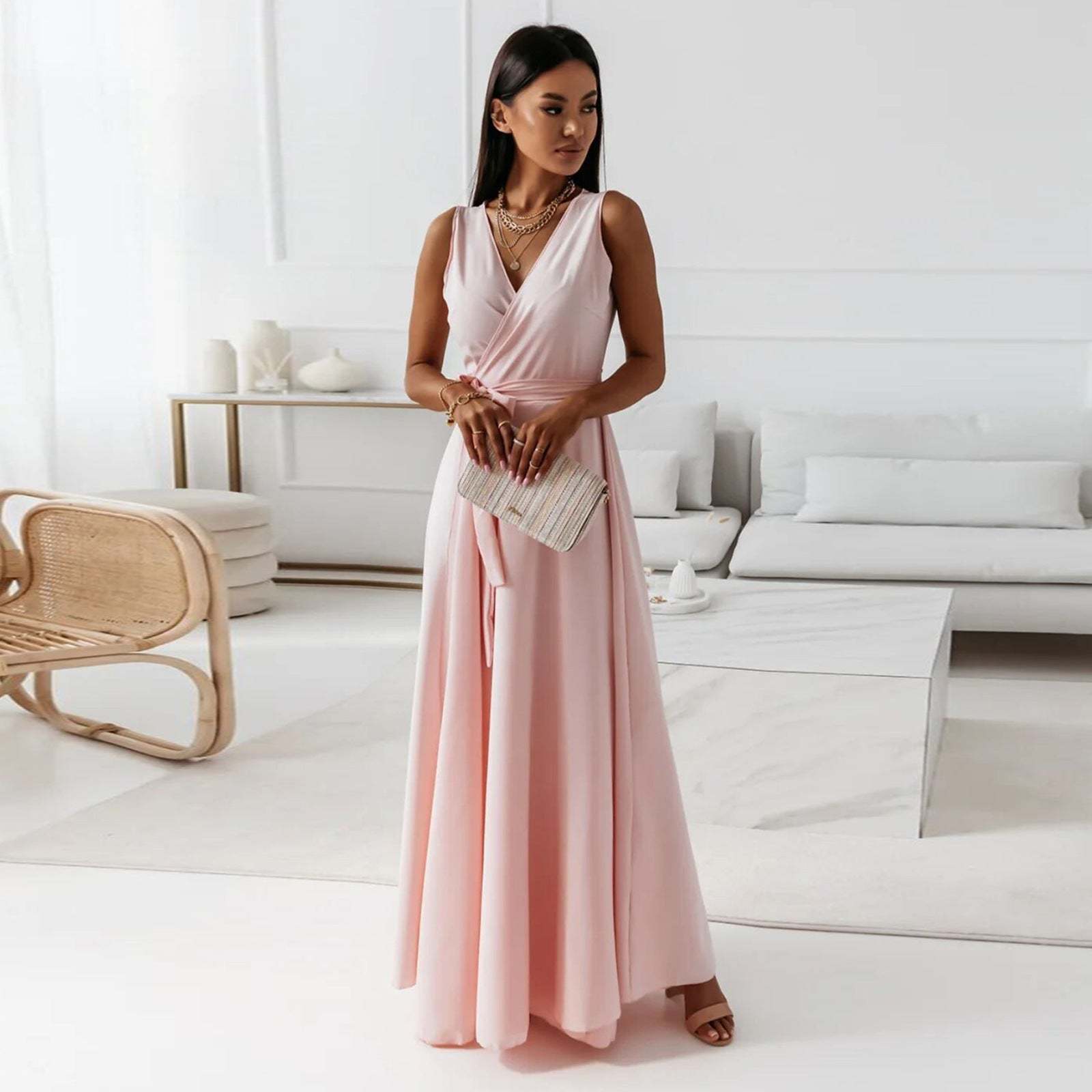 V-neck Sleeveless Dress Stylish Summer Party Maxi Dress for Women