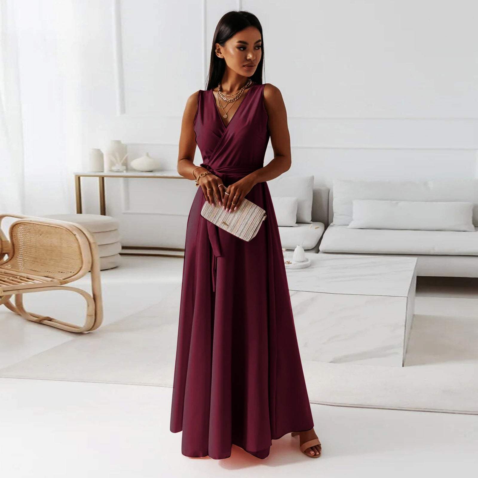 V-neck Sleeveless Dress Stylish Summer Party Maxi Dress for Women