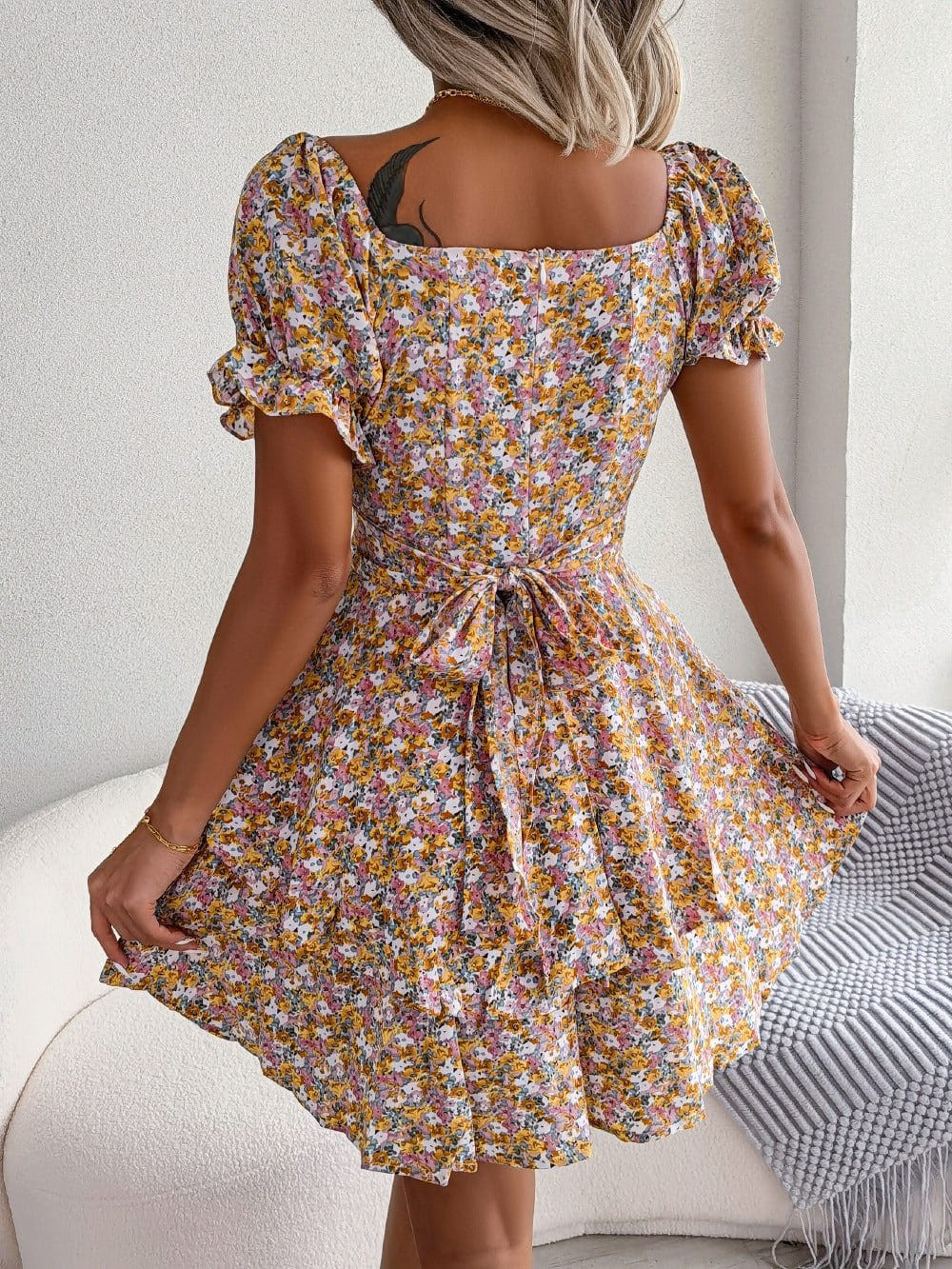Women mini dress with floral print, big swing loose hem, shirring design, short sleeves, and high waist, perfect for summer.