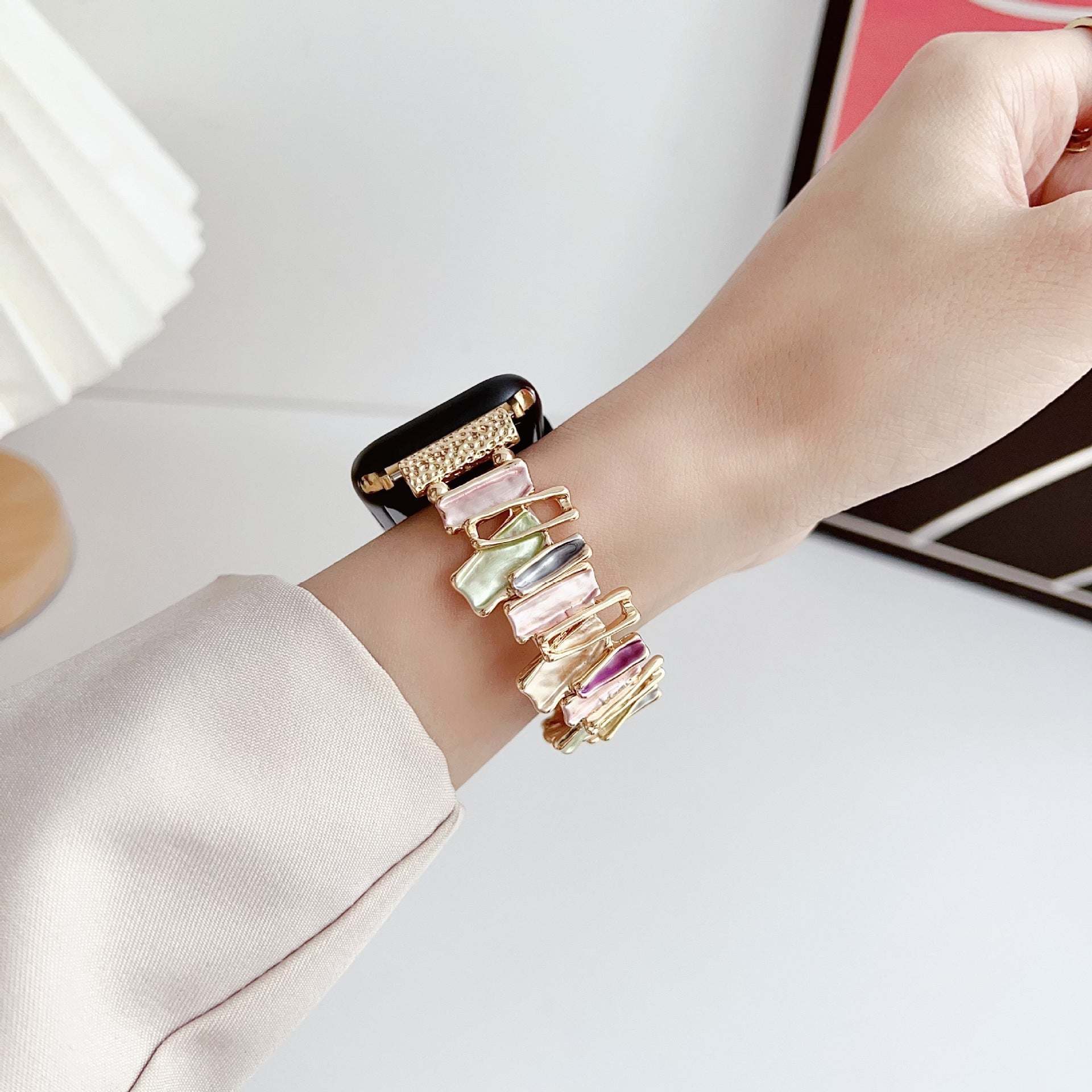 Dopamine oil painting metal stretch watch band for Apple Watch in gold with colorful abstract design
