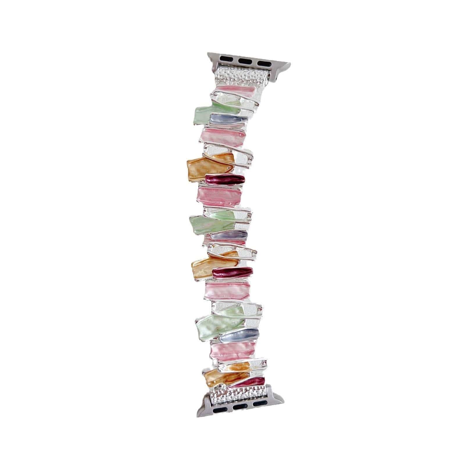 Dopamine Oil Painting metal stretch Apple watch band with colorful rectangular links in silver tone