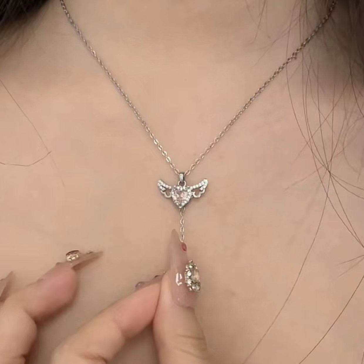 Moving Cupid Heart Ango Necklace with Angel Wings & Crystal