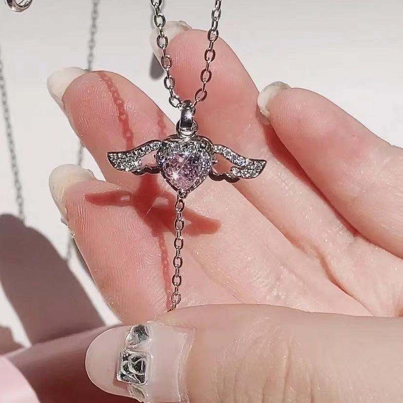 Moving Cupid Heart Ango Necklace with Angel Wings & Crystal