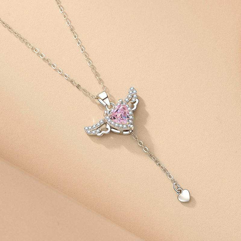 Moving Cupid Heart Ango Necklace with Angel Wings & Crystal