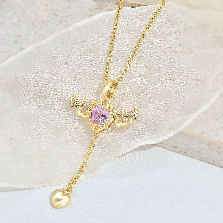 Moving Cupid Heart Ango Necklace with Angel Wings & Crystal