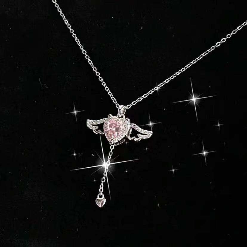 Moving Cupid Heart Ango Necklace with Angel Wings & Crystal