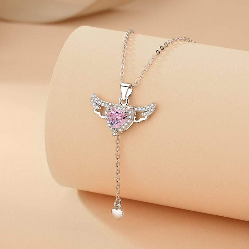 Moving Cupid Heart Ango Necklace with Angel Wings & Crystal