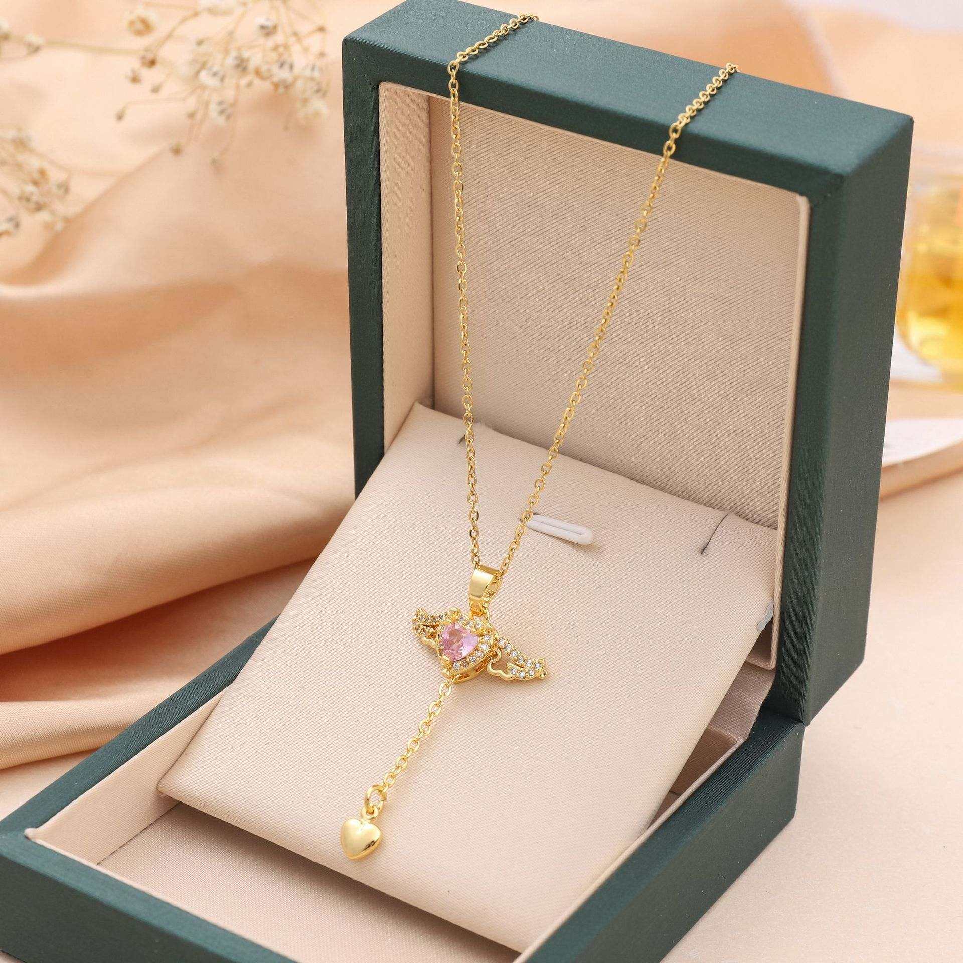 Moving Cupid Heart Ango Necklace with Angel Wings & Crystal