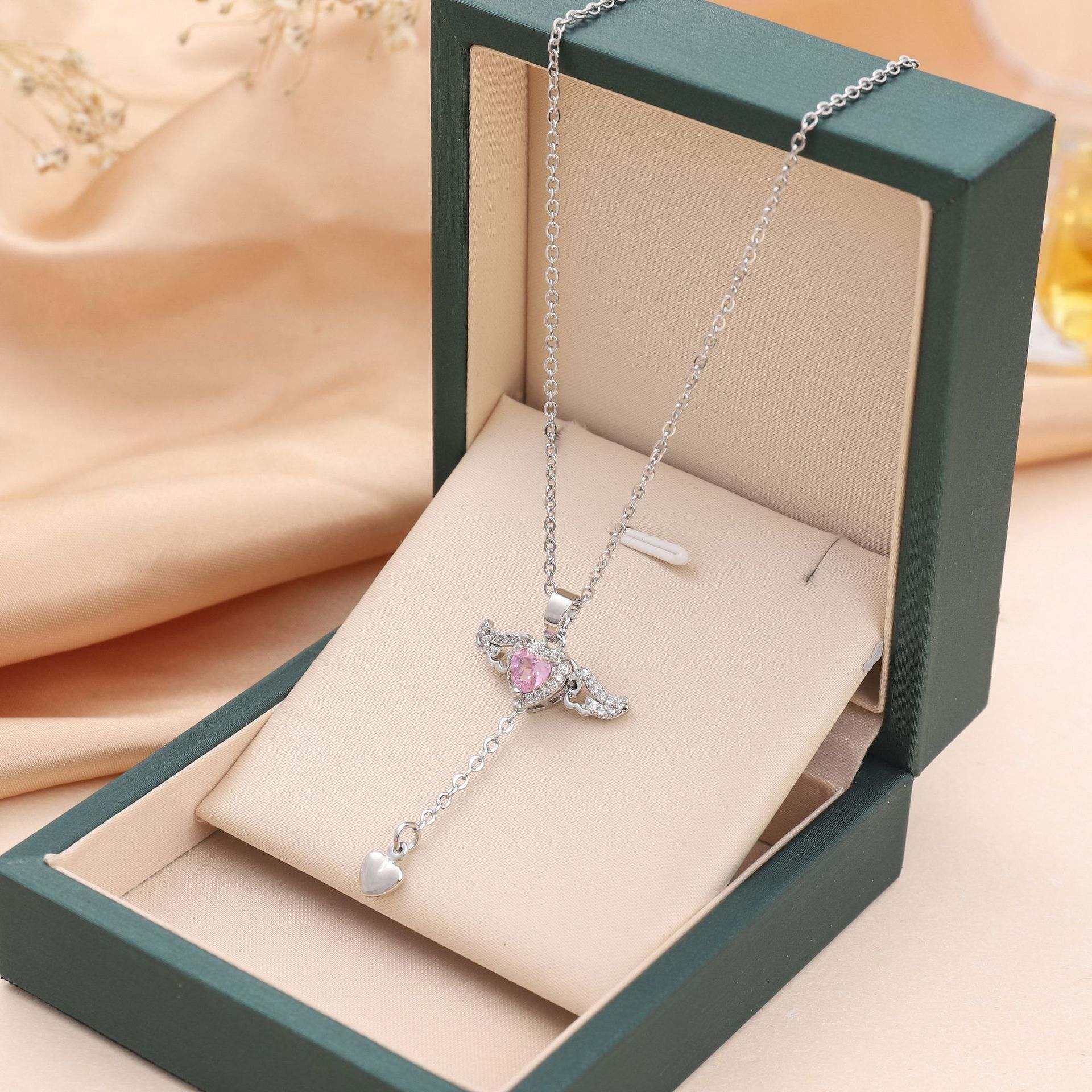 Moving Cupid Heart Ango Necklace with Angel Wings & Crystal
